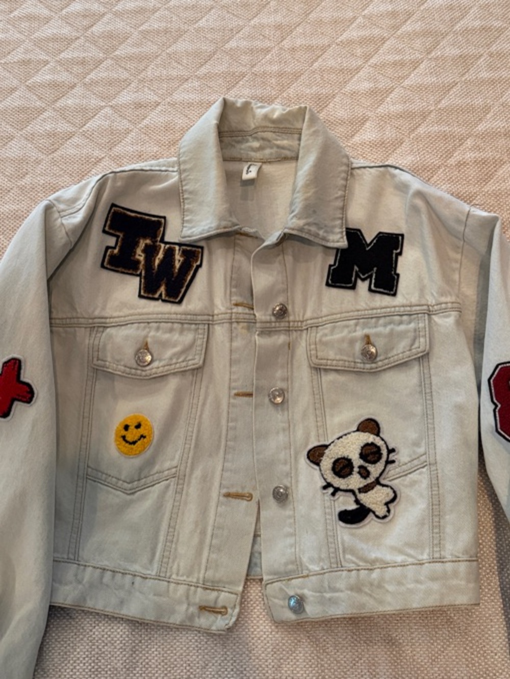 Light Blue Embroidered Denim Jacket with Playful Patches